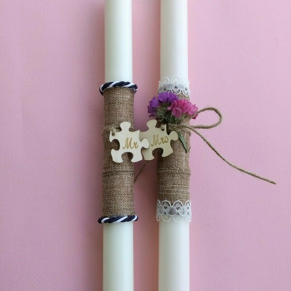 Σετ λαμπάδες Β' για ζευγάρι με ξύλινο πάζλ, από φυτικό κερί σε λευκό χρώμα 200γρ - λαμπάδες, ζευγάρια - 3