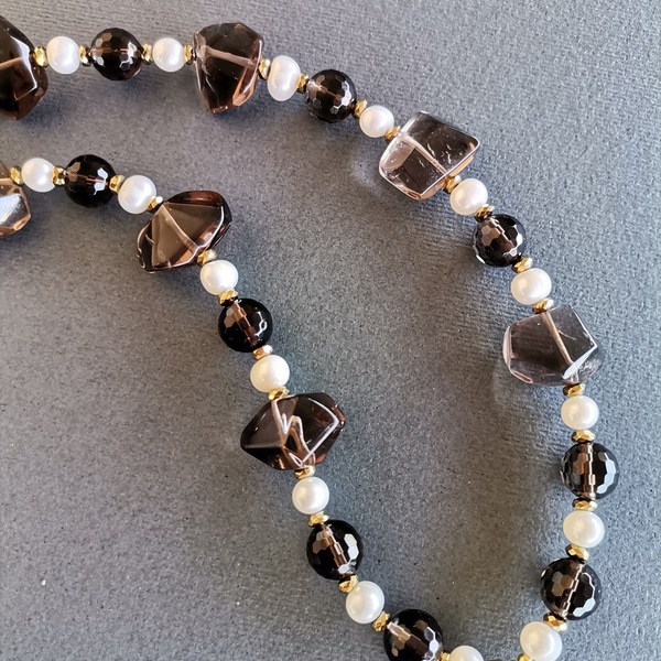 Κλασσικό Κολιέ με Smoky Quartz και Λευκά Μαργαριτάρια - ασήμι, ημιπολύτιμες πέτρες, μαργαριτάρι, μακριά, μεγάλα - 4
