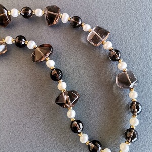 Κλασσικό Κολιέ με Smoky Quartz και Λευκά Μαργαριτάρια - ασήμι, ημιπολύτιμες πέτρες, μαργαριτάρι, μακριά, μεγάλα - 4