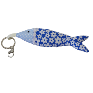Μπρελόκ υφασμάτινο ψάρι μπλε φλοράλ - χειροποίητα, δώρο, σπιτιού, ψάρι, ύφασμα