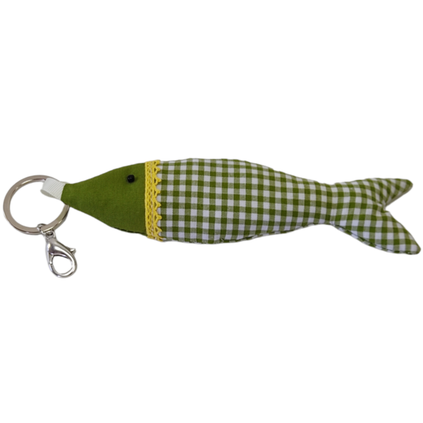 Μπρελόκ υφασμάτινο ψάρι πράσινο καρώ - ύφασμα, ψάρι, δώρο, χειροποίητα, σπιτιού