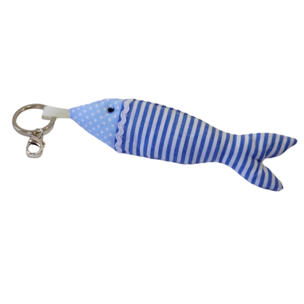 Μπρελόκ υφασμάτινο ψάρι μπλε ριγέ - ύφασμα, ψάρι, δώρο, χειροποίητα, σπιτιού