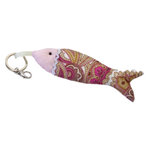 Μπρελόκ υφασμάτινο ψάρι ροζ λαχούρια - ύφασμα, ψάρι, δώρο, χειροποίητα, σπιτιού