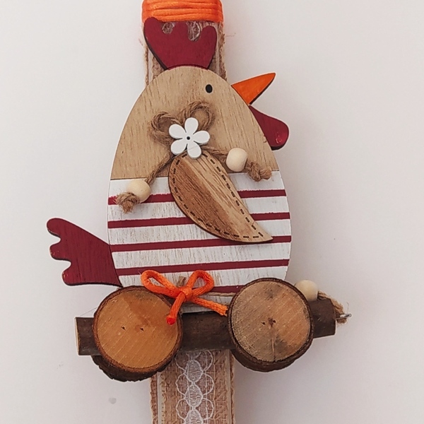 Λαμπάδα παιδική με ξύλινο κοτόπουλο σε πατίνι - αγόρι, λαμπάδες, για παιδιά, ζωάκια - 2