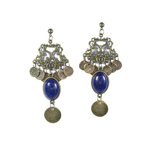 «Chandelier Lapis Lazuli» Boho μπρονζέ κρεμαστά σκουλαρίκια με ημιπολύτιμες πέτρες και μεταλλικά φλουριά! - ημιπολύτιμες πέτρες, μακριά, boho, μεγάλα, πολυέλαιοι