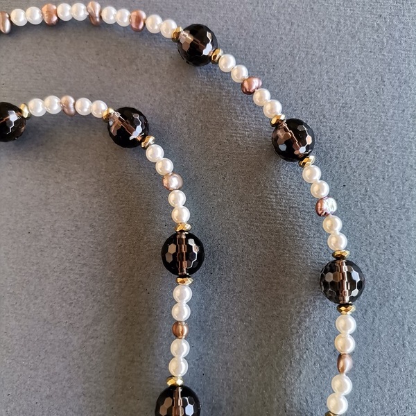 Κολιέ με Smoky Quartz, Λευκό Ὀστρακο, Επίχρυσο Μοτίφ - ημιπολύτιμες πέτρες, μαργαριτάρι, επιχρυσωμένα, κοντά, μεγάλα - 3