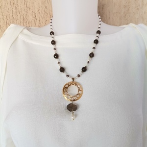 Κολιέ με Smoky Quartz, Λευκό Ὀστρακο, Επίχρυσο Μοτίφ - ημιπολύτιμες πέτρες, μαργαριτάρι, επιχρυσωμένα, κοντά, μεγάλα - 4