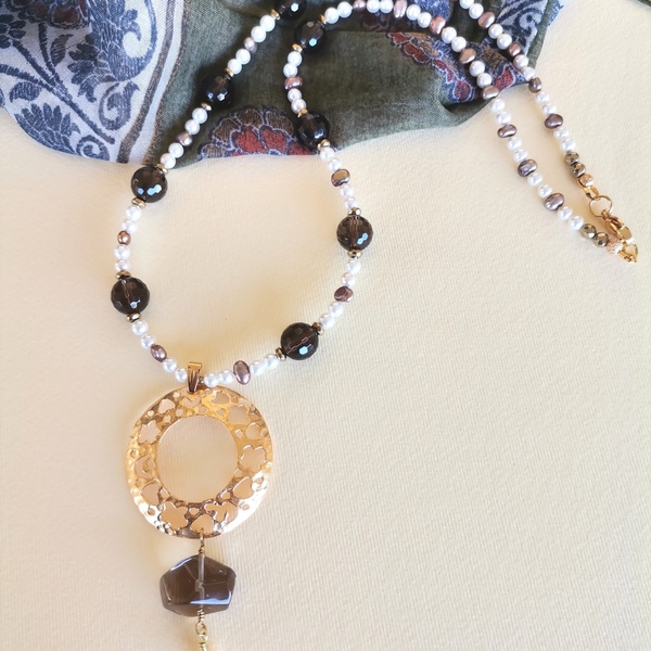 Κολιέ με Smoky Quartz, Λευκό Ὀστρακο, Επίχρυσο Μοτίφ - ημιπολύτιμες πέτρες, μαργαριτάρι, επιχρυσωμένα, κοντά, μεγάλα - 5