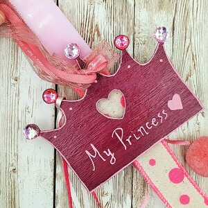 Χειροποίητη ροζ αρωματική πλακέ λαμπάδα "Κορώνα" - μήκος 32εκ. - κορίτσι, λαμπάδες, για παιδιά, για εφήβους, πριγκίπισσες - 3