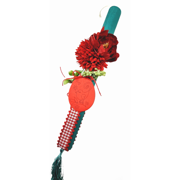Γυναικεία λαμπάδα χειροποίητη 30 εκ. πετρολ με υφασμάτινα λουλούδια , ξύλινο αυγό και φούντα πετρολ - κορίτσι, λουλούδια, λαμπάδες, για ενήλικες
