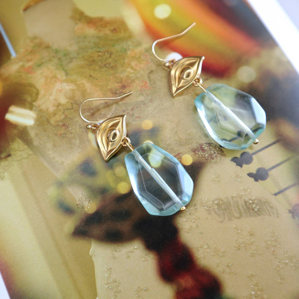 «Aqua Breeze» Boho χρυσά κρεμαστά σκουλαρίκια με ημιπολύτιμες πέτρες και ματάκια! - ημιπολύτιμες πέτρες, επιχρυσωμένα, boho, κρεμαστά, γάντζος - 3