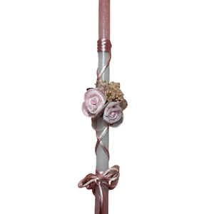 Vintage λαμπάδα με λουλούδια σε ροζ και λευκό χρώμα, γκλίτερ και ασημί κορδόνι - κορίτσι, λουλούδια, λαμπάδες, για ενήλικες, για εφήβους