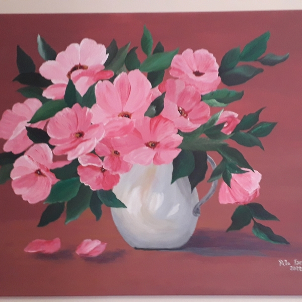 Πίνακας "Βάζο με ροζ λουλούδια" - πίνακες & κάδρα - 2