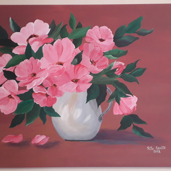 Πίνακας "Βάζο με ροζ λουλούδια" - πίνακες & κάδρα - 3