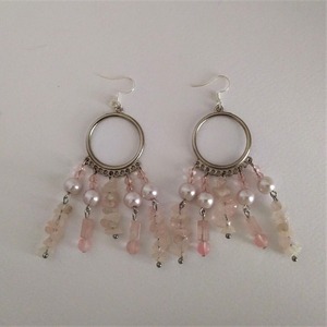 "Αφροδίτη" - Κρεμαστά σκουλαρίκια με ροζ πέρλες και πέτρες χαλαζία - ημιπολύτιμες πέτρες, κρεμαστά, πέρλες, γάντζος - 2