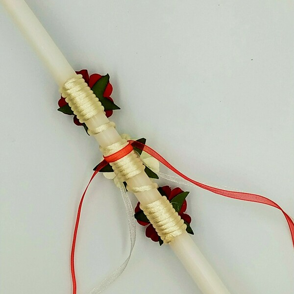 Χειροποίητο λευκό λαμπάδακι "Τριανταφυλλάκια" - μήκος 36εκ - λουλούδια, λαμπάδες, για ενήλικες, για εφήβους - 4
