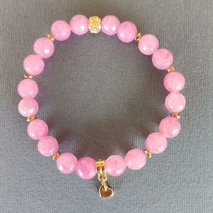 Ελαστικό βραχιόλι με ροζ αχάτη ταγιέ - ημιπολύτιμες πέτρες, επιχρυσωμένα, καρδιά, χεριού, αυξομειούμενα - 4