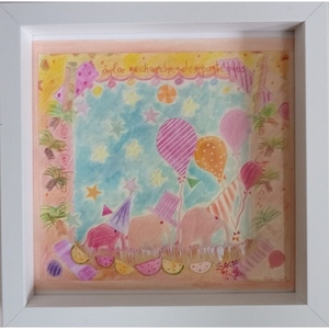 Παιδικός πίνακας σε ψηφιακή επιχρωματισμένη εκτύπωση, "Τρεις ροζ ελέφαντες στην ζούγκλα Νο2". Διαστάσεις 30Χ30εκ. - κορίτσι, δώρο, ελεφαντάκι, παιδικοί πίνακες