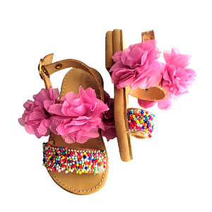 Πολύχρωμα δερμάτινα σανδάλια για κορίτσια / Χειροποίητα σανδάλια με χαντρούλες και λουλούδια - σανδάλι, πέδιλα, σανδάλια