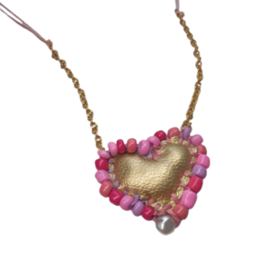 Handmade heart necklace 3 in 1 - pink/fuchsia - καρδιά, χάντρες, ατσάλι