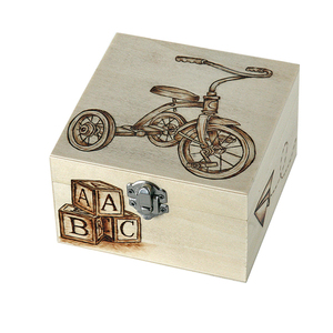 Ξύλινο κουτί με πυρογραφία τρίκυκλο ποδήλατο 13x13cm - ξύλο, οργάνωση & αποθήκευση - 2