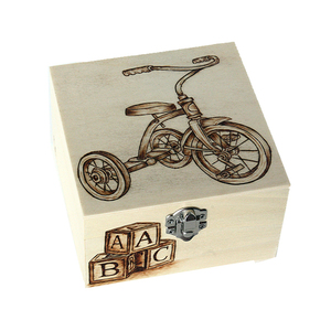 Ξύλινο κουτί με πυρογραφία τρίκυκλο ποδήλατο 13x13cm - ξύλο, οργάνωση & αποθήκευση - 3