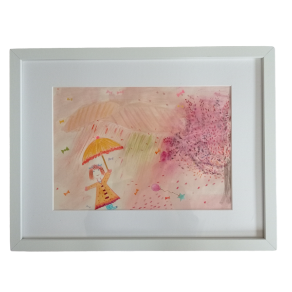 Παιδικός πίνακας σε ψηφιακή επιχρωματισμένη εκτύπωση, "Μπόρα με ομπρέλα". Διαστάσεις 30Χ42εκ. - πίνακες & κάδρα, κορίτσι, βρεφικά