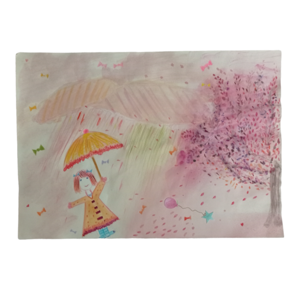 Παιδικός πίνακας σε ψηφιακή επιχρωματισμένη εκτύπωση, "Μπόρα με ομπρέλα". Διαστάσεις 30Χ42εκ. - πίνακες & κάδρα, κορίτσι, βρεφικά - 2
