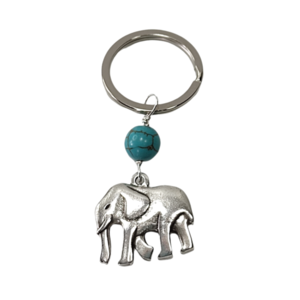 Μπρελόκ με μεταλλικό ελέφαντα και τυρκουάζ χάντρα - δώρο, χειροποίητα, μεταλλικό, σπιτιού