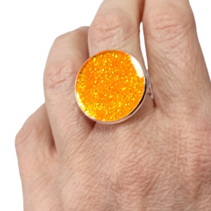 Δαχτυλίδι στρογγυλό με πορτοκαλί γκλίτερ - γυαλί, μεγάλα, επιροδιωμένα, αυξομειούμενα, φθηνά - 3