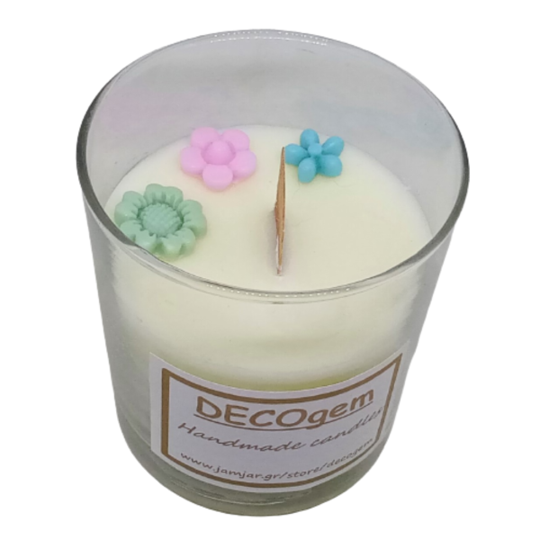 Χειροποίητο κερί σόγιας με πολύχρωμα λουλουδάκια και άρωμα της επιλογής σας σε γυάλινο ποτήρι ( 230 ml ) - δώρο, αρωματικά κεριά, soy candle, soy wax, soy candles