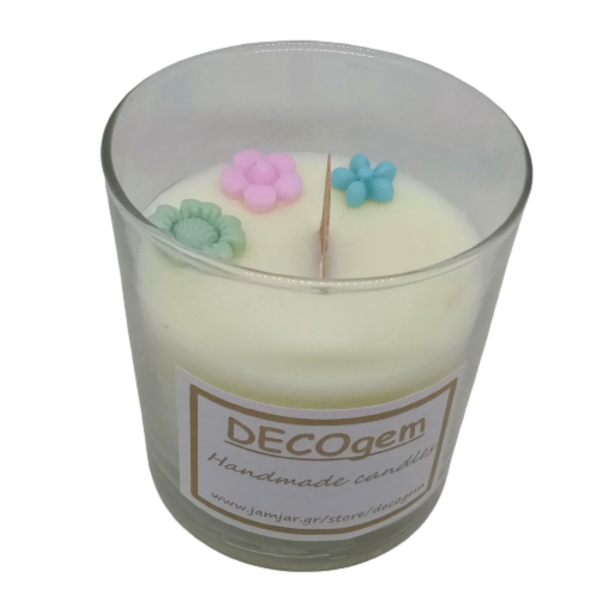 Χειροποίητο κερί σόγιας με πολύχρωμα λουλουδάκια και άρωμα της επιλογής σας σε γυάλινο ποτήρι ( 230 ml ) - δώρο, αρωματικά κεριά, soy candle, soy wax, soy candles - 2