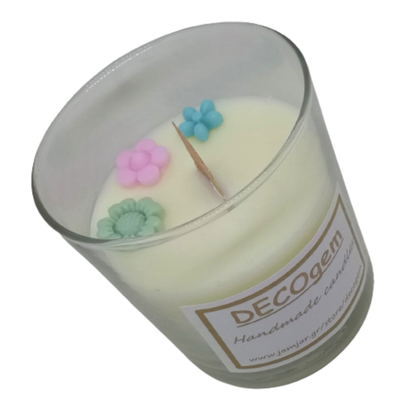 Χειροποίητο κερί σόγιας με πολύχρωμα λουλουδάκια και άρωμα της επιλογής σας σε γυάλινο ποτήρι ( 230 ml ) - δώρο, αρωματικά κεριά, soy candle, soy wax, soy candles - 3