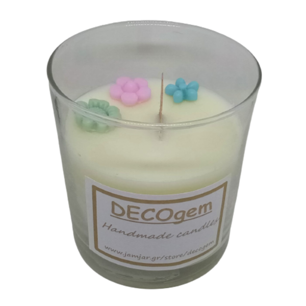 Χειροποίητο κερί σόγιας με πολύχρωμα λουλουδάκια και άρωμα της επιλογής σας σε γυάλινο ποτήρι ( 230 ml ) - δώρο, αρωματικά κεριά, soy candle, soy wax, soy candles - 4