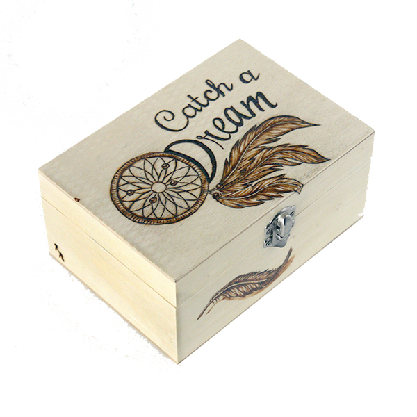 Ξύλινο κουτί με πυρογραφία σχέδιο ονειροπαγίδα 17x12cm - ξύλο, οργάνωση & αποθήκευση, ονειροπαγίδα