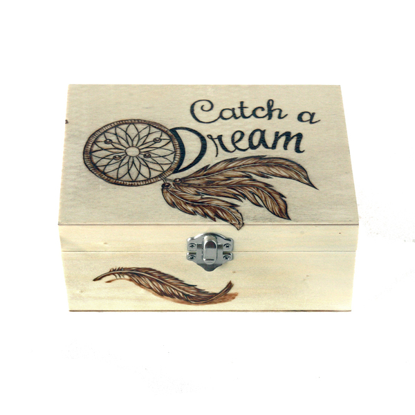 Ξύλινο κουτί με πυρογραφία σχέδιο ονειροπαγίδα 17x12cm - ξύλο, οργάνωση & αποθήκευση, ονειροπαγίδα - 2