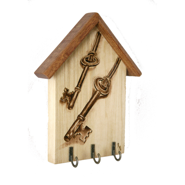 Χειροποίητη ξύλινη κλειδοθήκη με πυρογραφία "κλειδιά" 20x16cm - ξύλο, κλειδοθήκες - 2