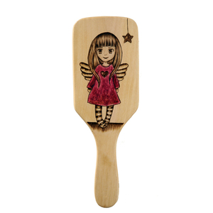 Παιδική ξύλινη βούρτσα μαλλιών με πυρογραφία κορίτσι-αγγελάκι - ξύλο, χειροποίητα