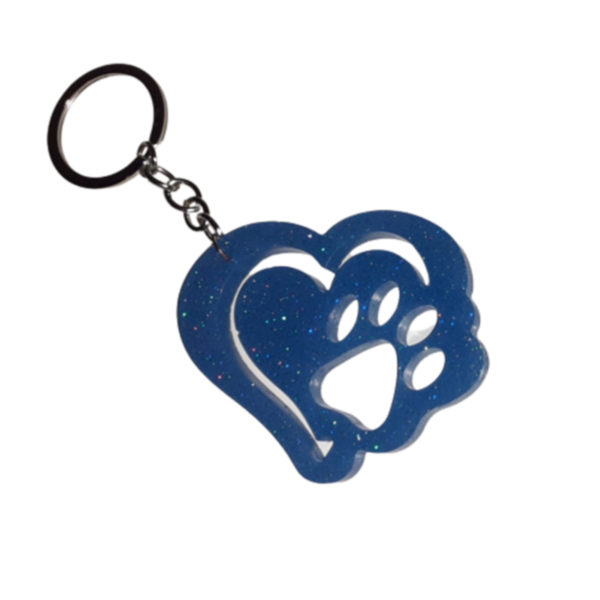 μπρελόκ μπλε καρδιά με πατουσάκι από υγρό γυαλί 6cm χ 5cm - καρδιά, ρητίνη, δώρο