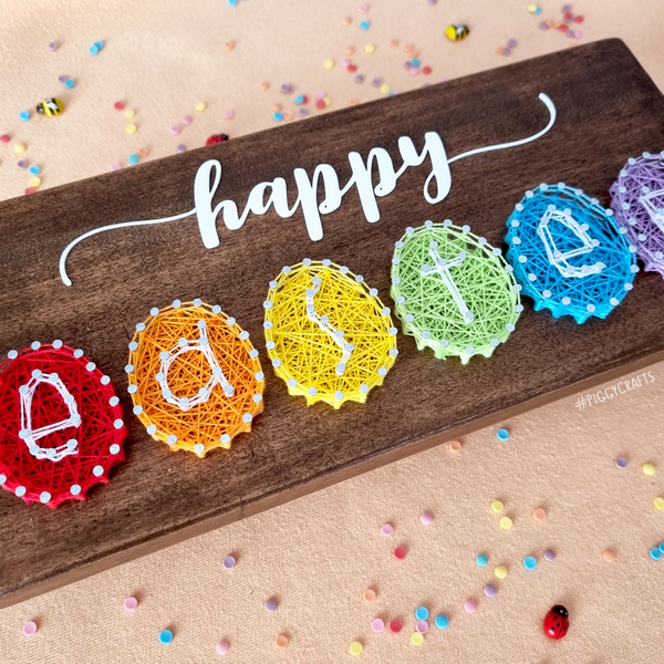 Ξύλινη πινακίδα με καρφιά & κλωστές "Happy Easter" 30x14cm - διακοσμητικά, δώρο για πάσχα, πασχαλινά αυγά διακοσμητικά, πασχαλινά δώρα, διακοσμητικό πασχαλινό - 2