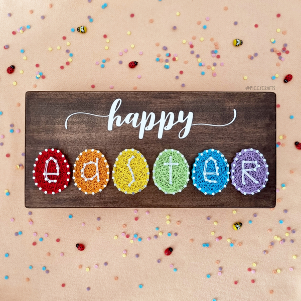 Ξύλινη πινακίδα με καρφιά & κλωστές "Happy Easter" 30x14cm - διακοσμητικά, δώρο για πάσχα, πασχαλινά αυγά διακοσμητικά, πασχαλινά δώρα, διακοσμητικό πασχαλινό - 3