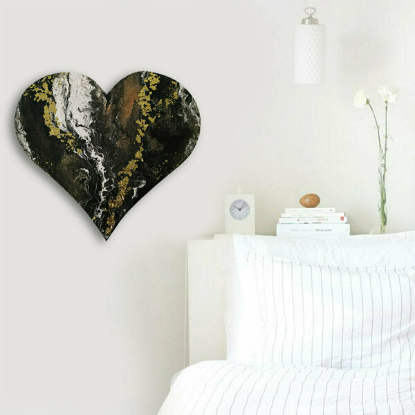 Διακοσμητική καρδιά από ξύλο ζωγραφισμένη στο χέρι 40Χ36 εκ. "black & white" - καρδιά, διακοσμητικά - 3