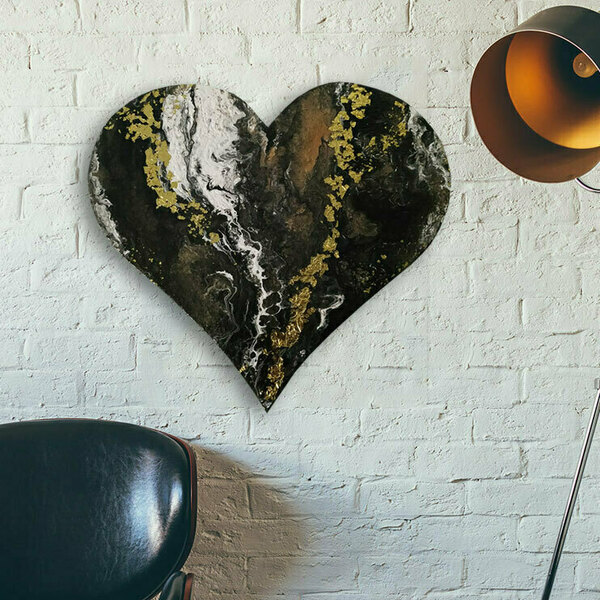 Διακοσμητική καρδιά από ξύλο ζωγραφισμένη στο χέρι 40Χ36 εκ. "black & white" - καρδιά, διακοσμητικά - 2