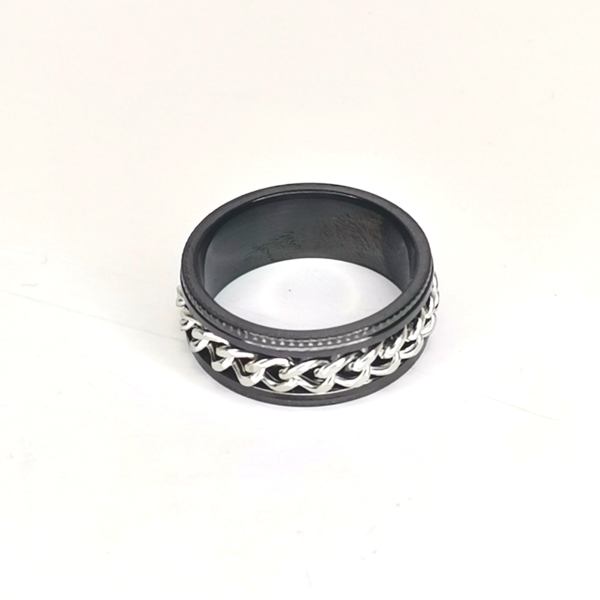 Ανδρικό δαχτυλίδι μαύρο με ασημί αλυσίδα από ανοξείδωτο ατσάλι, διάμετρος 1,9cm. - ανδρικά, δαχτυλίδια, ατσάλι, σταθερά