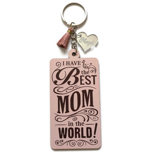 Μπρελόκ για την μαμά με ξύλινη ροζ επιγραφή, φουντάκι και plexiglass καρδιά "μαμά", μήκος 15 εκ. - μπρελόκ, μαμά, γιορτή της μητέρας