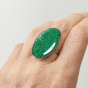Δαχτυλίδι οβάλ με πράσινο γκλίτερ - ορείχαλκος, γεωμετρικά σχέδια, μεγάλα, αυξομειούμενα, φθηνά - 2