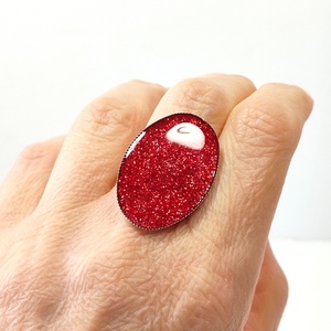 Δαχτυλίδι οβάλ με κόκκινο γκλίτερ - ορείχαλκος, γεωμετρικά σχέδια, μεγάλα, αυξομειούμενα, φθηνά - 3