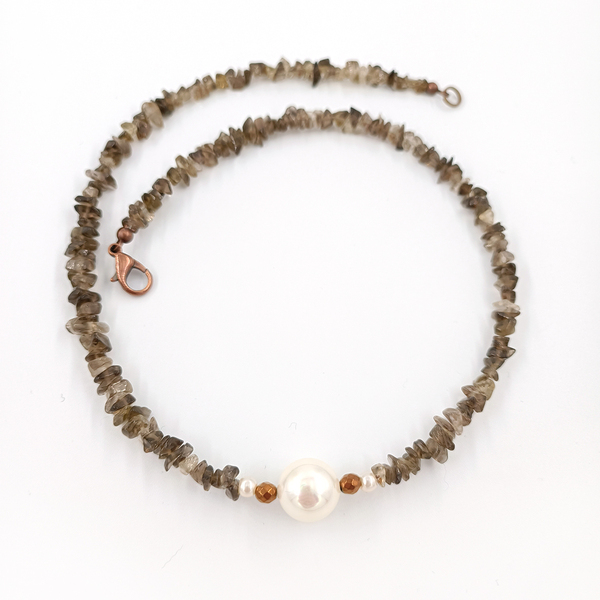 Κολιέ με smoky quartz, shell pearl, αιματίτες και πέρλες - ημιπολύτιμες πέτρες, αιματίτης, κοντά