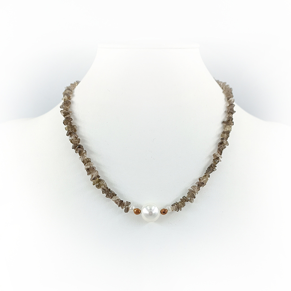 Κολιέ με smoky quartz, shell pearl, αιματίτες και πέρλες - ημιπολύτιμες πέτρες, αιματίτης, κοντά - 2