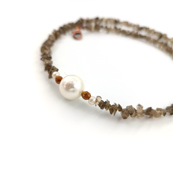 Κολιέ με smoky quartz, shell pearl, αιματίτες και πέρλες - ημιπολύτιμες πέτρες, αιματίτης, κοντά - 3